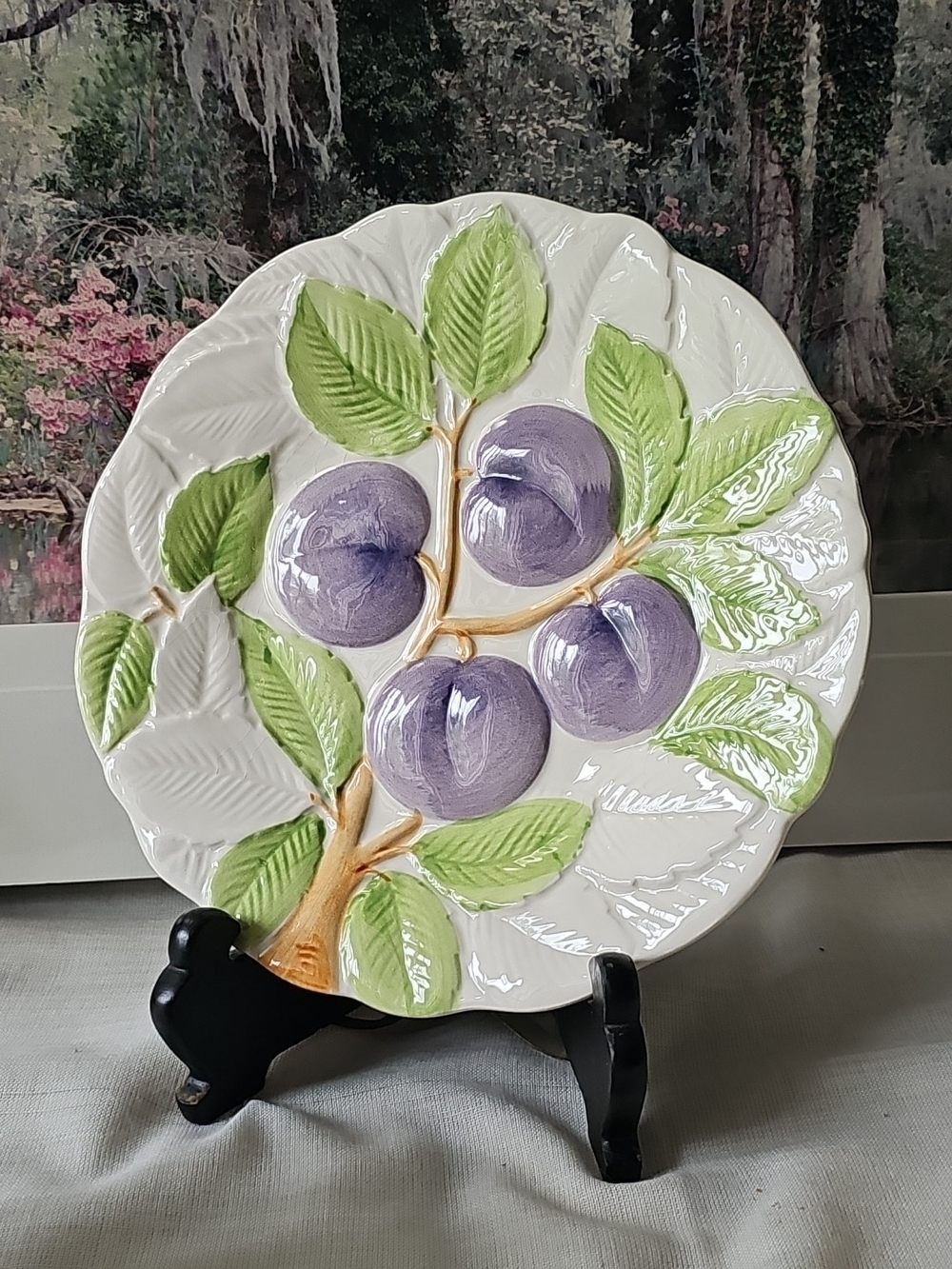 Fruit Du Jour White Ceramic Plate with Purple Fruit Motif and Green Leaves